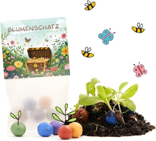 10 x Blumenschatz Blumenmurmeln | Kindergeburtstag | Mitgebsel für Schatzsuche-Geburtstage | Geschenke, Kleinigkeit, nachhaltige Geschenktüte | Samenbomben, Saatbomben, Seedbombs für Kinder