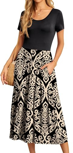 GRECERELLE Womens Summer Maxi Dress Casual Short Sleeve Crew Neck Swing Flowy Tiered Party Dresses with Pockets for Weddings, Holidays (Black + Khaki Floral, L)