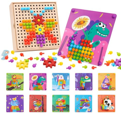 Maycoly Mosaik Steckspiel Spielzeug für Kinder ab 3 Jahre, Kreatives Pädagogische Pilz Nägel Puzzle Spielzeug mit 3 Zahnrädern, 120 Steckmosaik Steckperlen und 10 Bunten Steckplätte für Jungen Mädchen