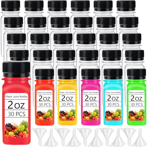30PCS 2oz Small Plastic Shot Bottles with Caps,Reusable Juice Containers
