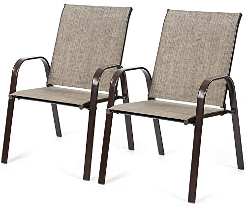 KOMFOTTEU 2er Set Gartenstühle, Balkonstühle mit Armlehnen & hoher Rückenlehne, Terrassenstühle aus Metallrahmen, Essstühle für Patio, Terrasse (Grau)