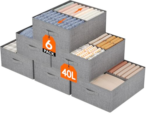 Lifewit 6 Stück Schrank Organizer Kleiderschrank mit Griff, 50 x 40 x 20 cm | Faltbarer Kleider Aufbewahrungsboxen mit EntfernbareTrennwand, Stoff Ordnungsboxen für Kleidung, Hosen, Socken