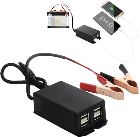 12V to Usb DC Converter with 4 USB Port Battery Clip Charger Charging | Crocodile Clips Connector Alligator Clamp Extension Cable 12V to 24V Phone Camera Campers Vans Cars Boats Battery