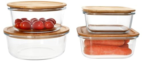 Ritzenhoff & Breker Esperanza Lot de 4 boîtes de conservation en verre avec couvercle en bois I Ronds 1,25 l & 1 x 900 ml + carré 1 x 1,1 l et 1 x 750 ml I Couvercle en bambou avec bol en verre I