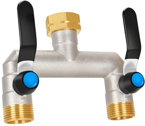 OPERMAXER 2-Wege Verteiler [Großer Durchfluss], 3/4 Zoll Wasserhahn Wasserverteiler aus Vernickeltem Messing, Griff aus 304 Edelstahl, Größerer Auslass für eine Effizientere Gartenbewässerung