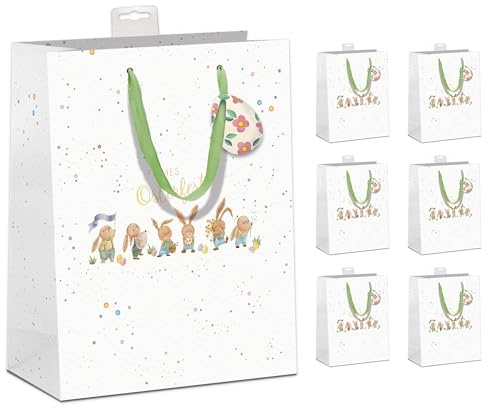 PremiumLine Geschenktaschen Ostern 6 Stück | edle Naturkarton Geschenktüten Ostertüten | DIN A4 Geschenkbeutel mit farbiger Kordel und Namenskarte | Large 26x32x12cm | Skorpion Papeterie