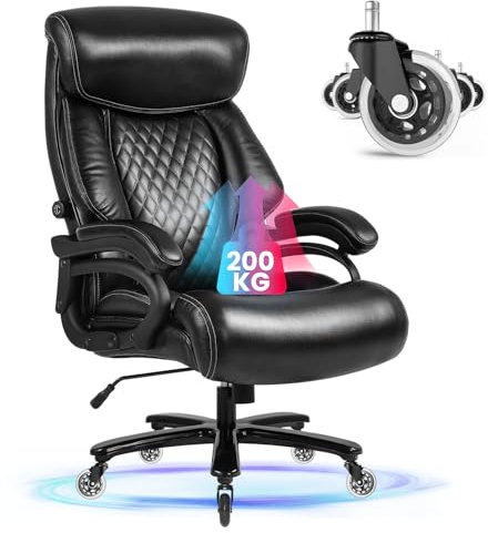 Bosmiller XXL Bürostuhl Chefsessel 200kg, Ergonomischer Schreibtischstuhl mit Verstellbarer Lendenwirbelstütze, Extra Breiter Drehstuhl aus PU Leder, Schwarz