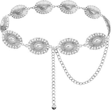 Kettengürtel Silber,Boho Gürtel Damen Mode Taillengürtel Silver Waist Chain Belt Bauchkette,Concho Taillenkette Silberner Verstellbarer Metall Vintage Kette Western Cowgirl Outfit,für Frauen Festival