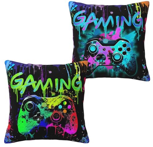 Gamer Gifts for Boys, 2PCS Gaming Pillow Covers For Player,45x45cm Watercolour Graffiti Gaming Cushion Covers Gamer Decorative Accessories for Room,Throw Pillow Cases For Couch Sofa Office Bedroom (A)