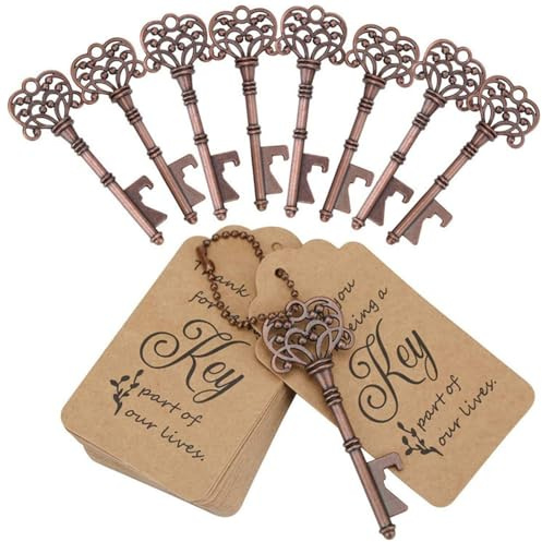 50Pcs Vintage Key Bottle Openers with Tag Card Rustic Wedding Birthday Party Favours Decoration (Copper)