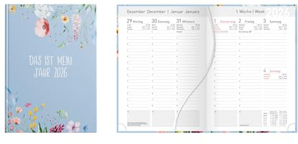 Idena 12040 – fickkalender DIN A5 2026 Mitt år, 1 vecka på 2 sidor, mötesplanerare med vadderat inbundet omslag, blommotiv och läsband