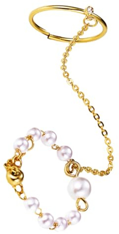 KOMBIUDA Retro Kettenring mit Imitationsperle aus Metalllegierung Modischer Perlenring für Damen Elegant und Langlebig für Party und Alltag