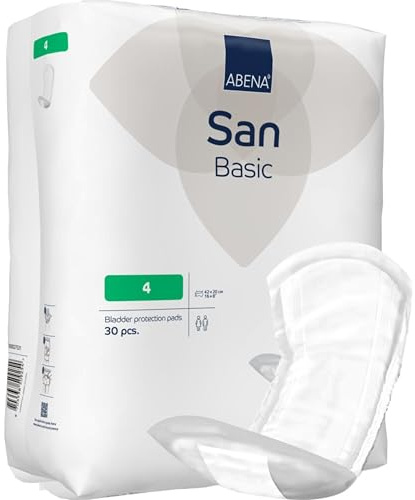 ABENA Basic San 4, 740ml, Pack of 30, 42x20cm, Incontinence Pads for Men & Women, Breathable, Discreet Shaped Pads for Light to Moderate Bladder Weakness, Fast Absorption, Odour & Leak Protection