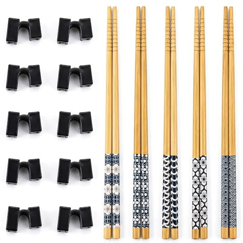 Haoyic 5 Pairs Training Chopsticks with 10 Chopsticks Aids, Plastic Clips, Wood Utensils for Sushi Noodle Dining