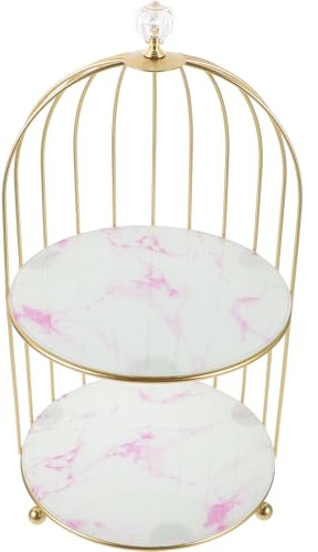 LIFKOME Double Layer Bathroom Organizer Rack, Birdcage Makeup Storage Holder for Countertop, White Base with Pink Pattern Cosmetic Display Shelf for Vanity and Washstand