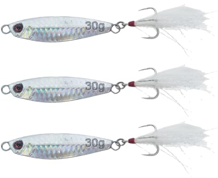 Sea Fishing Lure 30g 30 Grams Bass Trout Pollock Mackerel Feather Tail Holographic Spinner Long Super Cast Trebble Hook Bright Flash Metal Jig Spoon Cod Casting River Sprat Realistic 3 Pack Silver