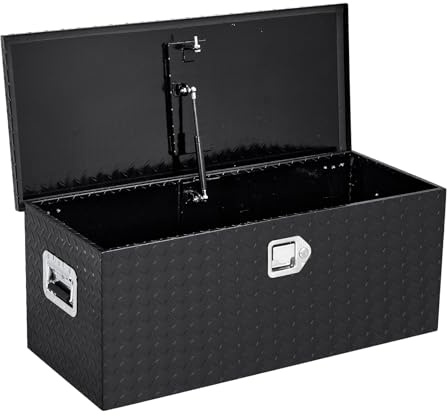 Heavy Duty Aluminum Truck Tool Box, 38 × 38 × 91 cm Pickup Bed Storage Box with Gas Strut, Lockable Diamond Plate Weatherproof Chest for Trailer RV, Includes 2 Black Sliding Metal Tins