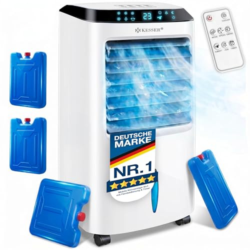 KESSER® Mobile Klimaanlage 4in1 Luftkühler – Air Cooler mit Fernbedienung & Timer, 10L Wassertank, Ionisator & Luftbefeuchter, Ventilator Klimagerät ohne Abluftschlauch, 3 Stufen inkl. Kühlakkus