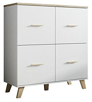 Mirjan24 Kommode Lotta II 110 4D im skandinavischen Stil, Anrichte, Mehrzweckschrank, Wohnzimmerschrank, Sideboard, Schrank, Wohnzimmer (Brilliant Weiß + Eiche Sonoma)