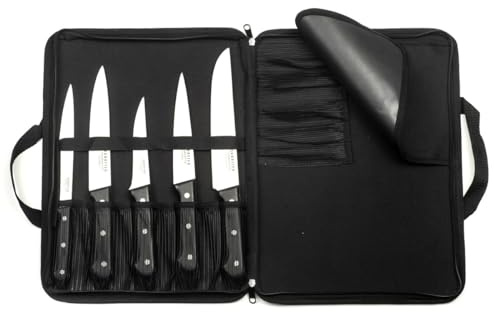 SABATIER TROMPETTE - Trousse avec 5 couteaux de cuisine : Désosser, Saigner, Découper, Filet et Boucher - Universal - Acier MoV finition satinée manche ABS et rivets acier - 40 x 30 cm - Noir