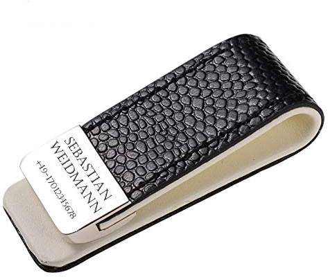 aplusashop Geldklammer mit Gravur nach Wunsch Geldscheinklammer Edelstahl Leder schwarz NEU