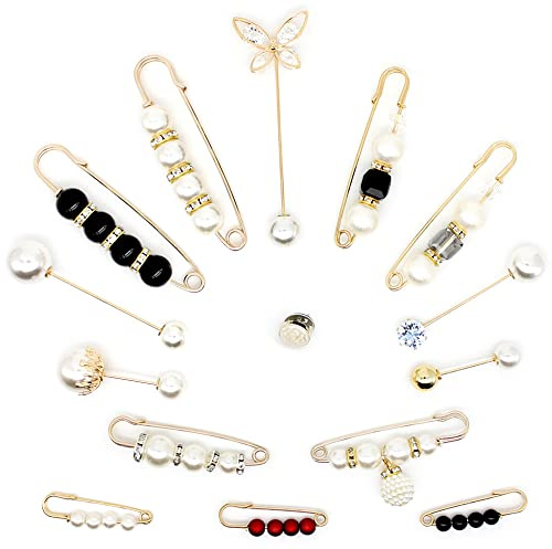 Fashion Safety Pins for Clothes 15 Styles Faux White Pearl Brooch Set Cute Large Safety Pins Heavy Duty for Women Clothing Dresses Decoration Accessories