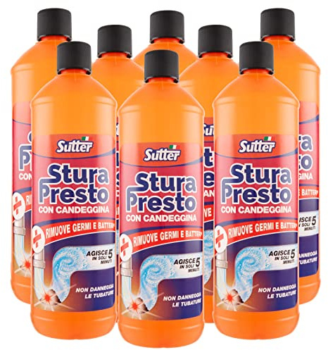 SUTTER 8 x Stura Presto - Desatascador de gel con lejía para desagües de lavabos y bañeras – 8 botellas de 1 litro, sin perfume, sólido
