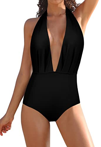 SHEKINI Women's Low Back Swimsuit Sexy Deep V Neck Beach Swimwear Padded Backless Halter Swimming Costume, Black, Medium