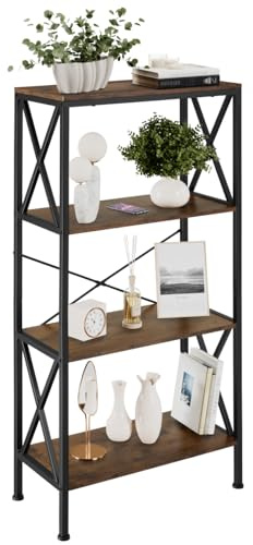 tectake® Libreria, scaffale in legno e metallo, design industriale, 4 ripiani con barre a X, mobile libreria da parete, scaffale ufficio e soggiorno - 61,5x31,5x133,5 cm - Legno industriale scuro