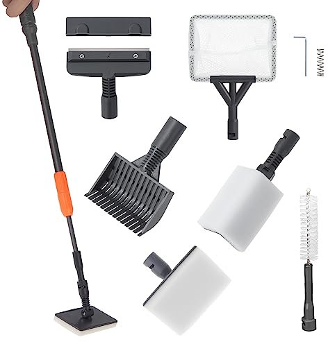 Coolty 6 in 1 Aquarienreiniger Aquarium Reinigungswerkzeug mit langem Teleskopstiel, Schaber, Fischernetz, Schwammreinigungsbürste, Sandrechen für die Aquarienpflege