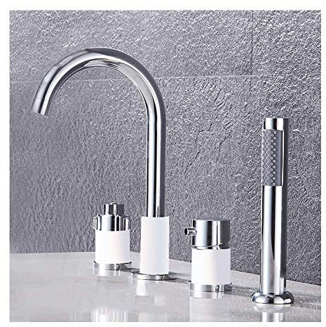 Grifo de llenado de bañera termostático con cabezal de ducha de mano, juego de grifo de bañera generalizado Grifo de bañera de montaje en cubierta Grifo de bañera de 4 agujeros para baño, blanco y