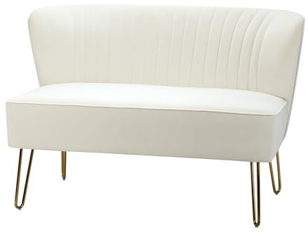 HULALA HOME Sofa 2 Sitzer Lounge Sofa Klein für Jugendzimmer Wohnzimmer Couch aus Samt mit goldenen Metallbeinen für Schlafzimmer, 114 x 74 x 79 cm, Weiß