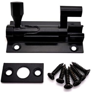 Polished Black Necked Door Bolt 50mm Barrel Slide Latch with Screws | Surface-mounted tower bolt for cupboards, bathroom doors, cabinets, sheds and lightweight internal gates.
