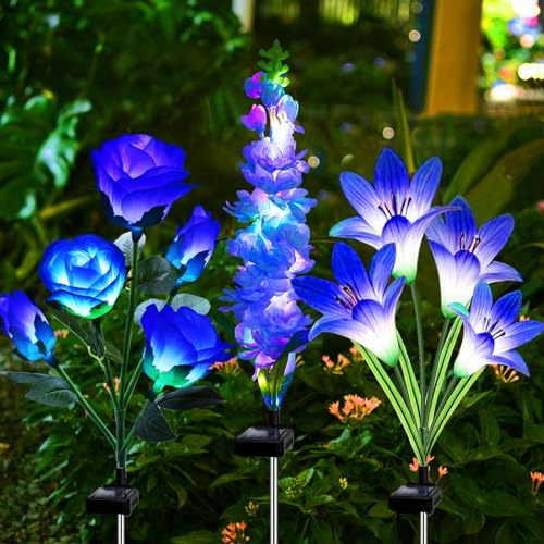 Lot de 3 lampes solaires de jardin avec lys rose delphinium, cadeaux de jardinage étanches pour maman, grand-mère, femme, lumières solaires d'extérieur multicolores changeantes pour jardin, cour,
