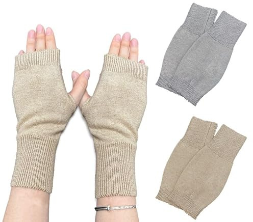 EUPSIIU 2 Pares de Guantes sin Dedos, Guantes de Invierno para Mujeres, Guantes de Medio Dedo de Punto de Invierno, Calentadores de Muñecas, Guantes Elásticos Cálidos para Mujeres (Leonado, Gris)
