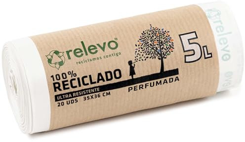 Relevo Sacchi Spazzatura con Laccetti, Profumati 100% riciclati, 5 litri, 20 unità