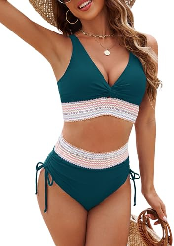 Edelqual Womens High Waist Bikinis Set Tummy Control Swimsuit 2 Piece Bathing Swimming Suits Summer Cute Swimwear Drawstring Retro Cruise Outfits Beachwear (Blue Green,XL)