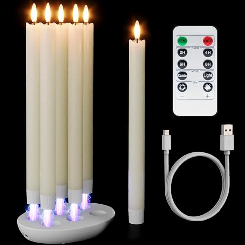 Eldnacele LED Stabkerzen aufladbar mit Timer und Fernbedienung, 6er Set | LED Kerzen mit Ladestation, LED Stabkerzen Echtwachs, flackernde 3D-Flamme, Elfenbein, Zimmer Deko, Hochzeit, Party