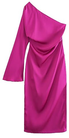 Dam elegant gul asymmetrisk klänning med en ärm elegant damer sommar midi-klänning, fuchsia, M