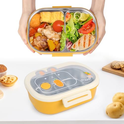 Minicoco Bento Lunch Box, Stainless Steel Bento Box with 2 compartments, Heavy Duty Thermal Lunch Box Portable Lunch Box Stackable Leakproof Bento Box, Thermal Box for Hot Food (Yellow)