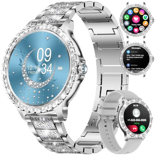 Women Smart Watch Bluetooth Phone Calls for Android iOS 100+ Sport Fitness Tracker 1.32 HD Female Smartwatch Heart Rate Sleep Monitor Diamond Ladies Smartwatch Silver Steel,2 Watch Straps