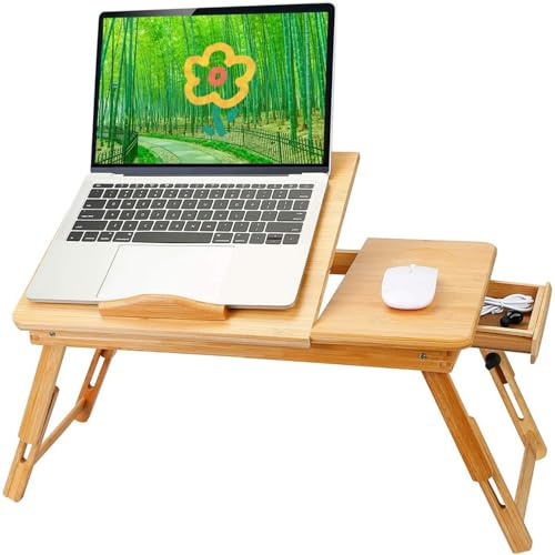 Table de Lit, Petite Table pour Ordinateur Portable en Bambou, Tablette, Plateau pour Petit Déjeuner, Petit Tiroir, Lap Desks Plateau,Réglable Portable pour Ordinateur-66*30*35 cm-couleur bois