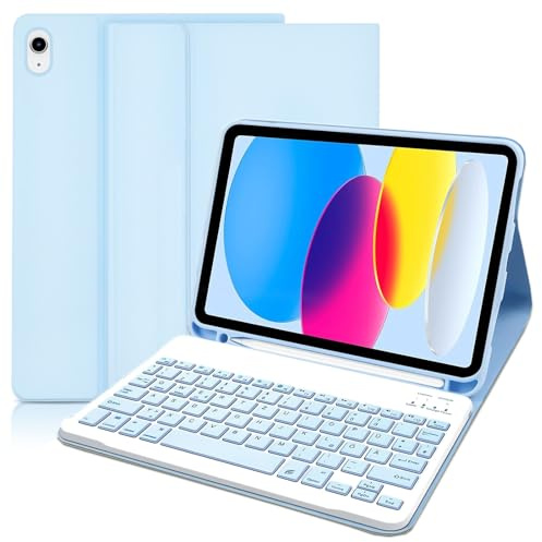 YUEJIDZ Hülle mit Tastatur für iPad A16 11/10 Generation 2025/2022, Blau | Hülle mit Tastatur für iPad 11 Zoll,10.9 Zoll,Deutschland QWERTZ Layout Drahtlose Abnehmbare Bluetooth-Tastatur mit Hülle