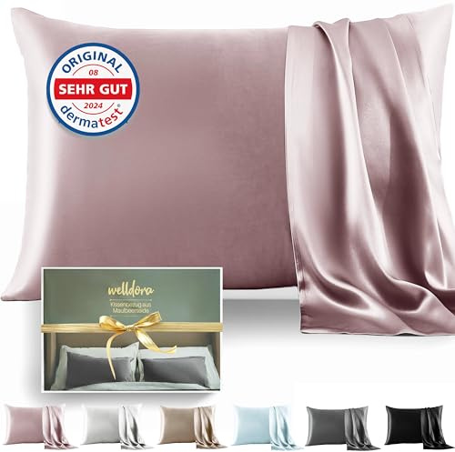 Welldora Kissenbezug 50x70 | 100% Seide 22 Momme | Bettwäsche Zartrosa | Luxuriöser Seidenkissenbezug aus Maulbeerseide | Höchste Güteklasse 6A, sanft zu Haut & Haar | OEKO-TEX zert. in der Schweiz