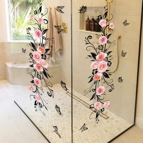 HGDESIGN® Väggtatuering väggdekal glasklistermärke spegeldekal röda rosor blomranka båda sidor synlig vardagsrum sovrum badrum väggklistermärke väggbild väggdekoration självhäftande (B)