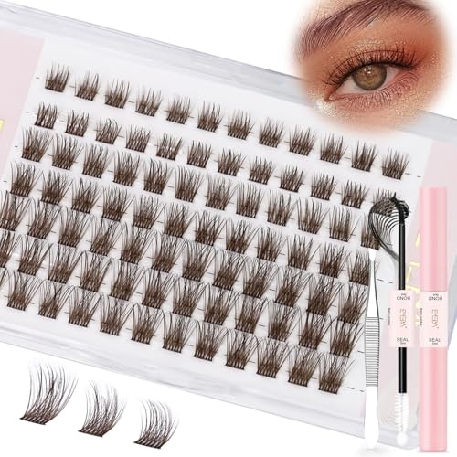 Braune Cluster-Wimpern kit, 8mm 10mm 12mm mix Individuelle Wimpern Wispy & Natürliche Dunkelbraun Clusterwimpern DIY-Wimpernbüschel mit Bond & Seal und Pinzette, C -Locke Wimpernbüschel (DB01)