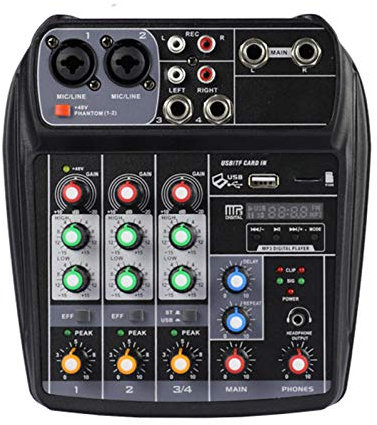 Mesas de mezclas de estudio, consola de mezclas portátil con tarjeta de sonido de 4 canales, mezclador de audio compatible con conexión BT, reproductor de MP3, función de grabación, suministro para tr