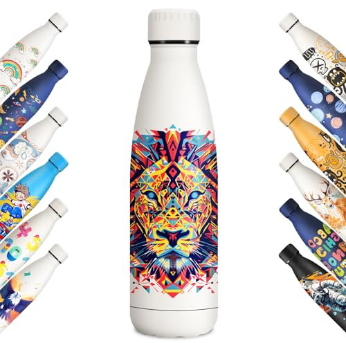 KollyKolla Trinkflasche 500ml, Thermoskanne mit Personalisiert, Kohlensäure Geeignet, BPA-Frei, Vakuum Isolierte Thermosflasche, Isolierflasche Auslaufsichere für Sport, Laufen, Fahrrad, Löwe