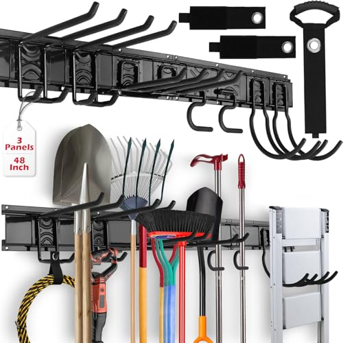 SEDY 48 Heavy Duty Garage Wall Organizer, Wall Mount Tool Storage Rack with Adjustable Hooks, Garden Tool Organizer Hold Up to 300lbs, Easy Installation (8 Hooks, 3 Rails, 3 Straps)