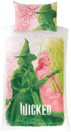 dreamtex Wicked Glenda & Elphaba Reversible 2 in 1 Design Single Duvet Cover and Pillowcase Set - Polycotton Material -Washable Perfect for Children, Kids, Girls in a Pink and Green Colorway